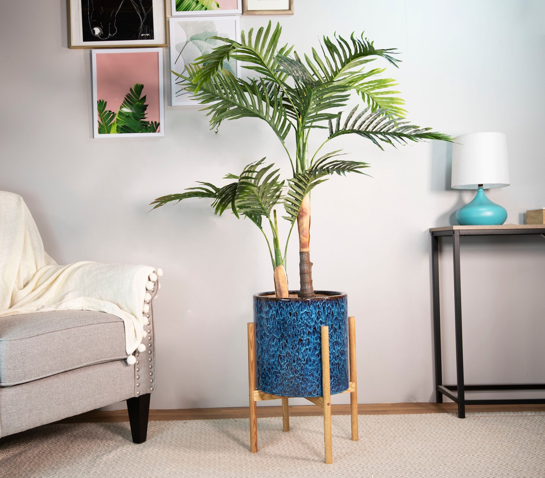 plant stand for palm tree 13" Ceramic Planter with UPshining Wood Stand Peacock Blue / Special Walnut