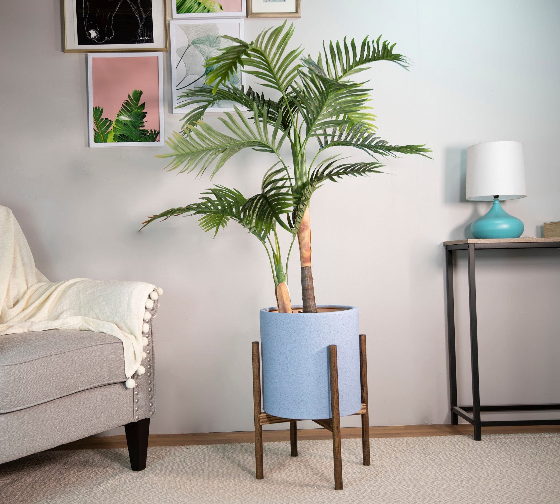 large modern plant pot 13" Ceramic Planter with UPshining Wood Stand Sky Blue / Dark Walnut